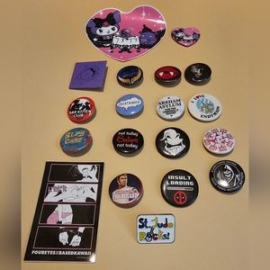Lot of 2 Stickers and 17 Pins of Various Popular Culture Subject Matter